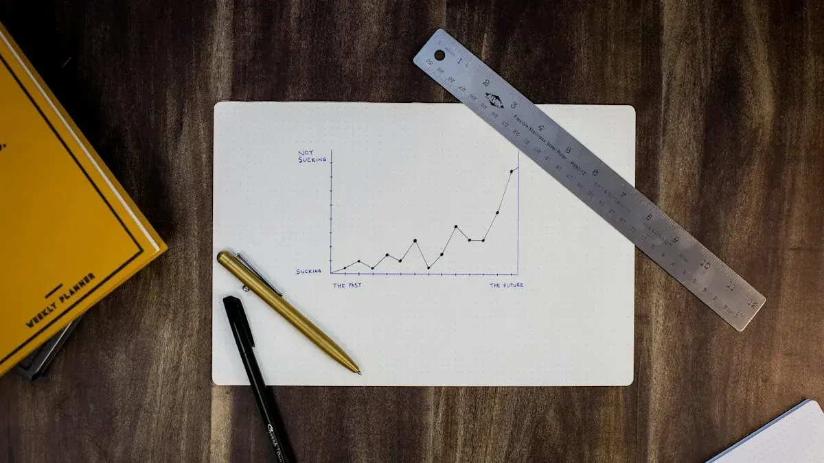 Grafik tren di atas kertas dengan penggaris