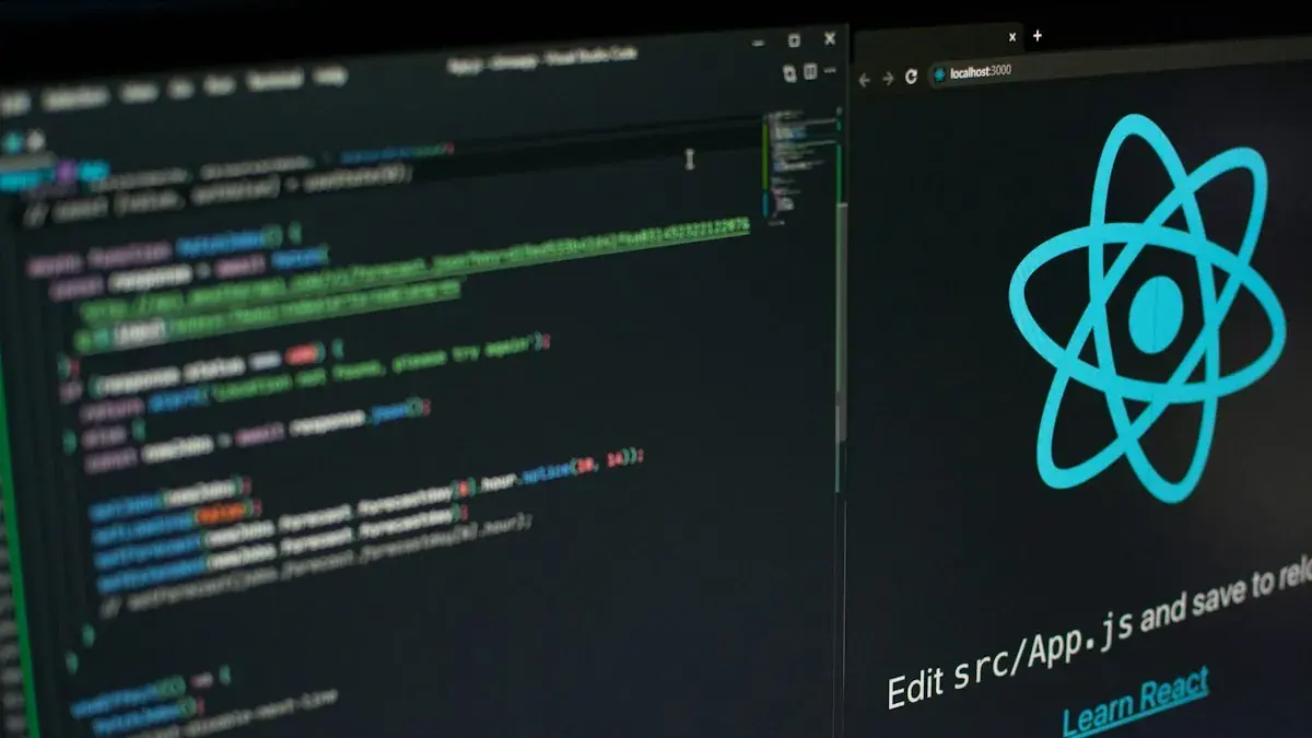 Layar monitor menampilkan kode React